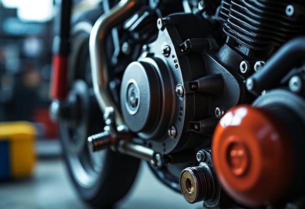Motard qui répare sa moto lui-même dans son garage